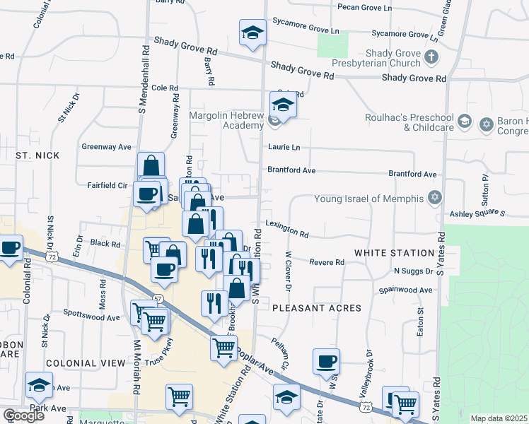 map of restaurants, bars, coffee shops, grocery stores, and more near 5229 Lexington Park Circle North in Memphis