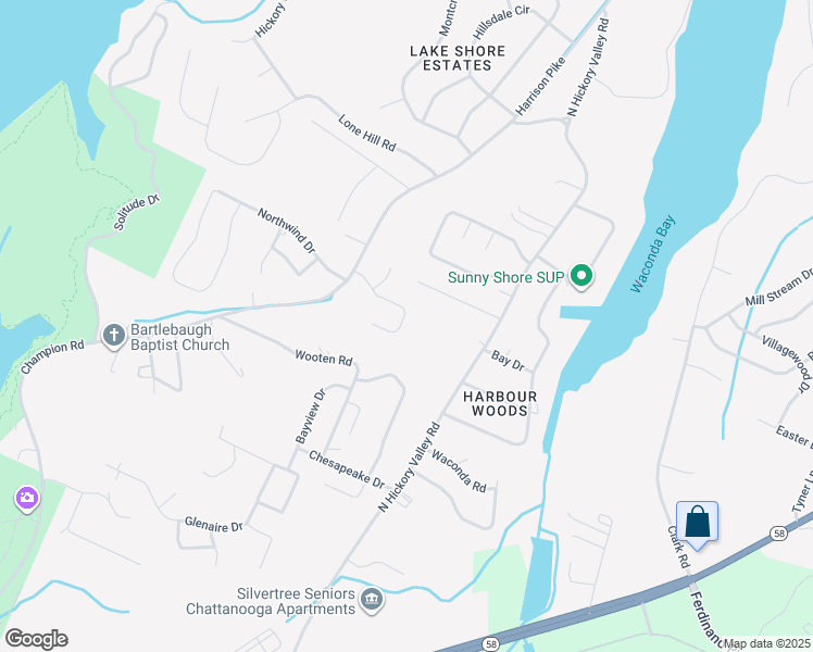 map of restaurants, bars, coffee shops, grocery stores, and more near 9201 Misty Ridge Drive in Chattanooga