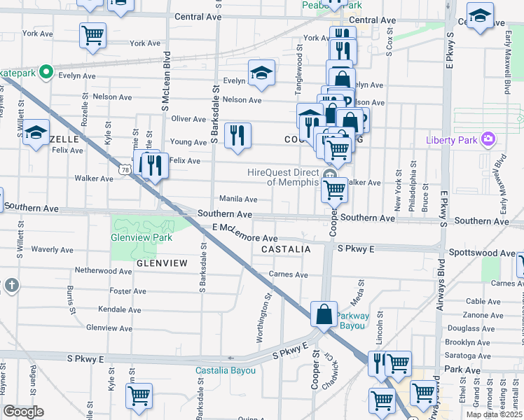map of restaurants, bars, coffee shops, grocery stores, and more near 2000 Southern Avenue in Memphis