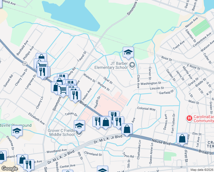 map of restaurants, bars, coffee shops, grocery stores, and more near 2006 Waters Street in New Bern