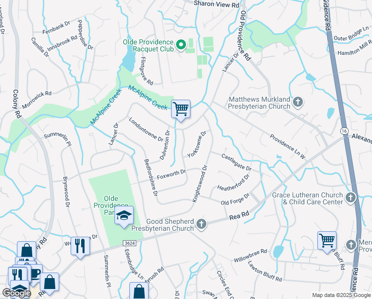 map of restaurants, bars, coffee shops, grocery stores, and more near 6731 Queensberry Drive in Charlotte