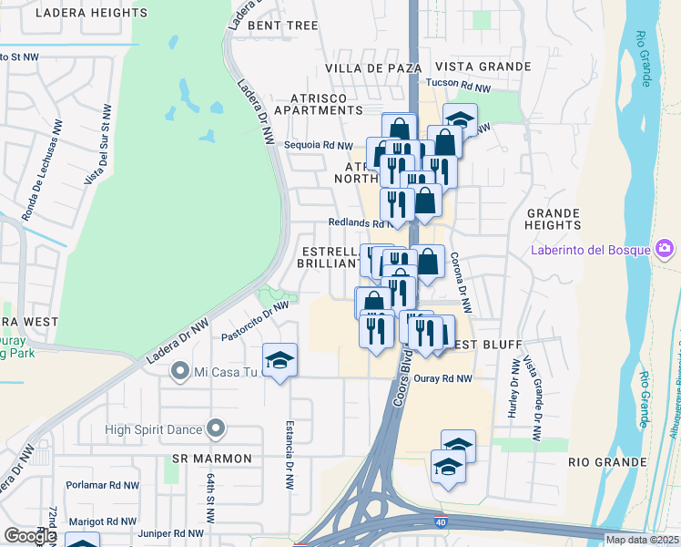 map of restaurants, bars, coffee shops, grocery stores, and more near 2905 Bright Star Drive Northwest in Albuquerque