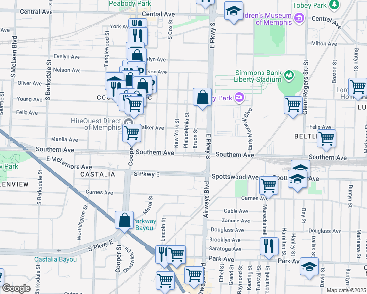 map of restaurants, bars, coffee shops, grocery stores, and more near 1065 Philadelphia Street in Memphis
