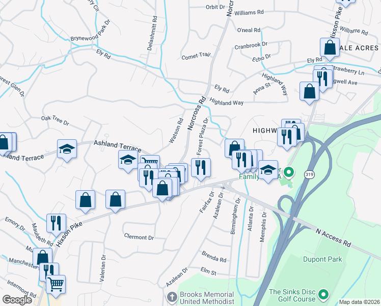 map of restaurants, bars, coffee shops, grocery stores, and more near 4026 Norcross Road in Chattanooga