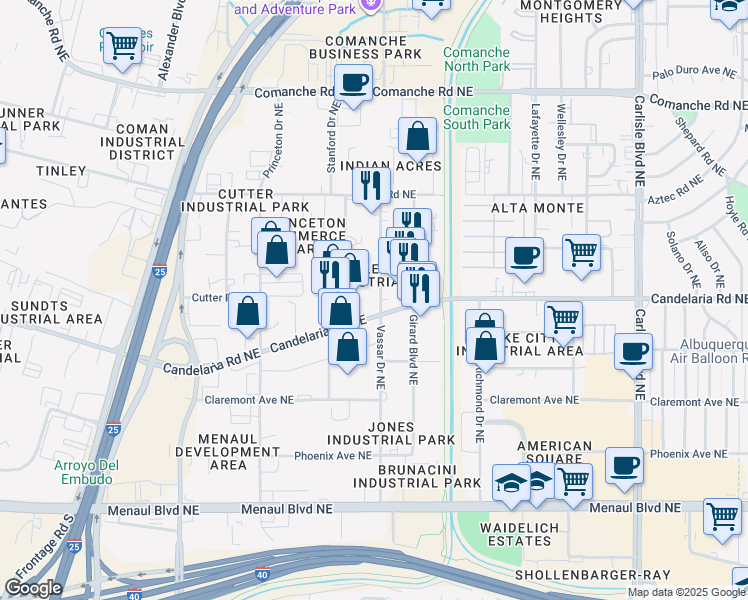 map of restaurants, bars, coffee shops, grocery stores, and more near 2531 Candelaria Road Northeast in Albuquerque