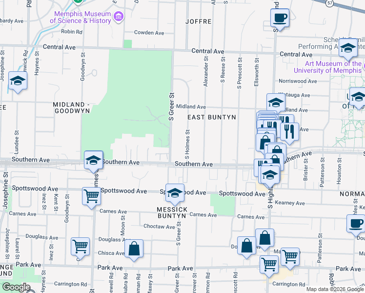 map of restaurants, bars, coffee shops, grocery stores, and more near 561 South Holmes Street in Memphis