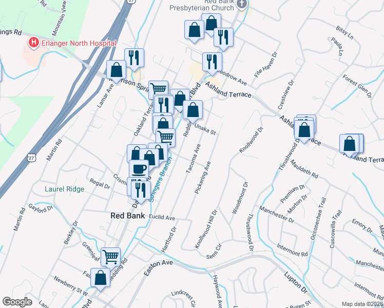map of restaurants, bars, coffee shops, grocery stores, and more near 3805 Tacoma Avenue in Red Bank