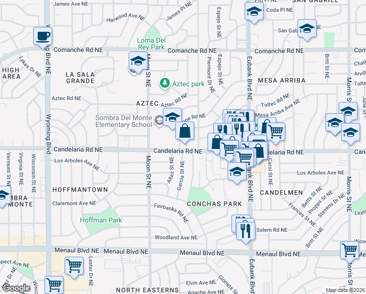 map of restaurants, bars, coffee shops, grocery stores, and more near 9307 Candelaria Road Northeast in Albuquerque