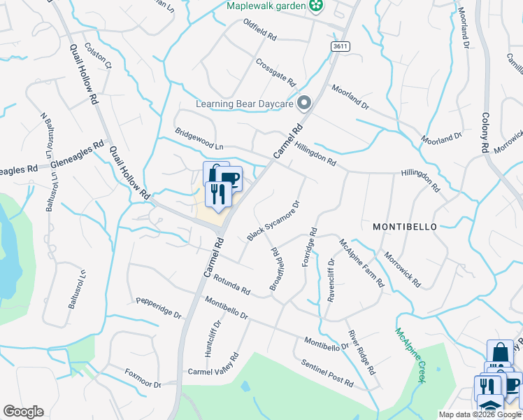 map of restaurants, bars, coffee shops, grocery stores, and more near 3207 Broadfield Road in Charlotte