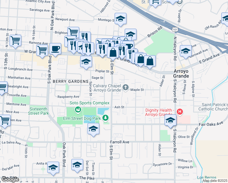 map of restaurants, bars, coffee shops, grocery stores, and more near 211 South Elm Street in Arroyo Grande