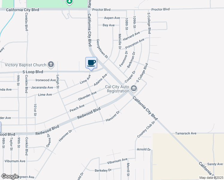 map of restaurants, bars, coffee shops, grocery stores, and more near 20348 Paine Street in California City