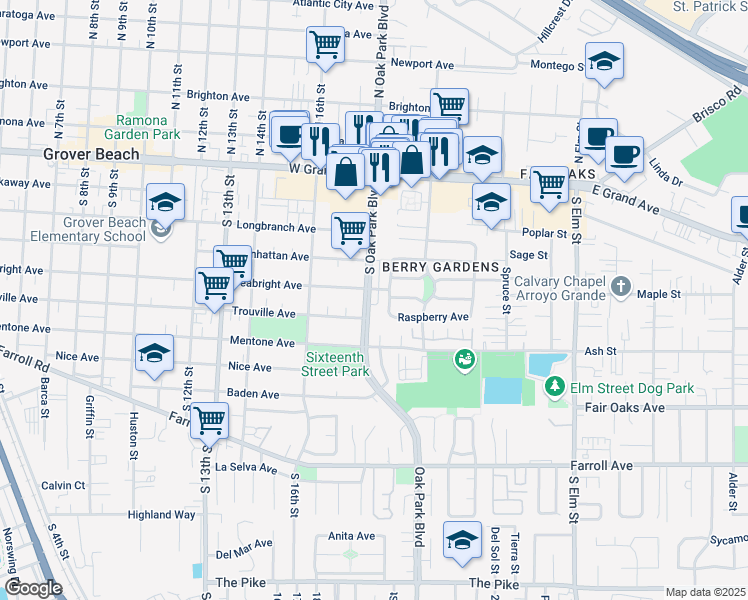 map of restaurants, bars, coffee shops, grocery stores, and more near 545 South Oak Park Boulevard in Arroyo Grande