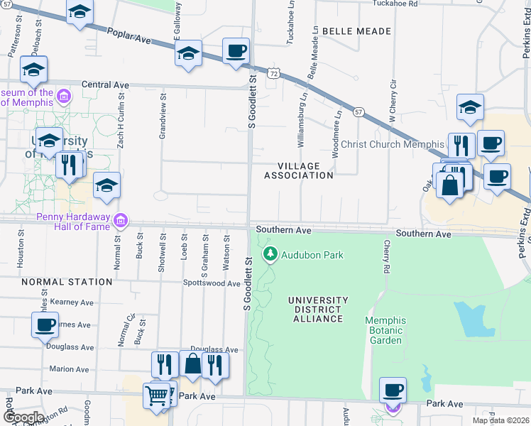 map of restaurants, bars, coffee shops, grocery stores, and more near 4116 Village Road in Memphis