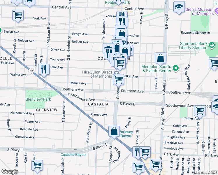 map of restaurants, bars, coffee shops, grocery stores, and more near 1067 Fleece Place in Memphis
