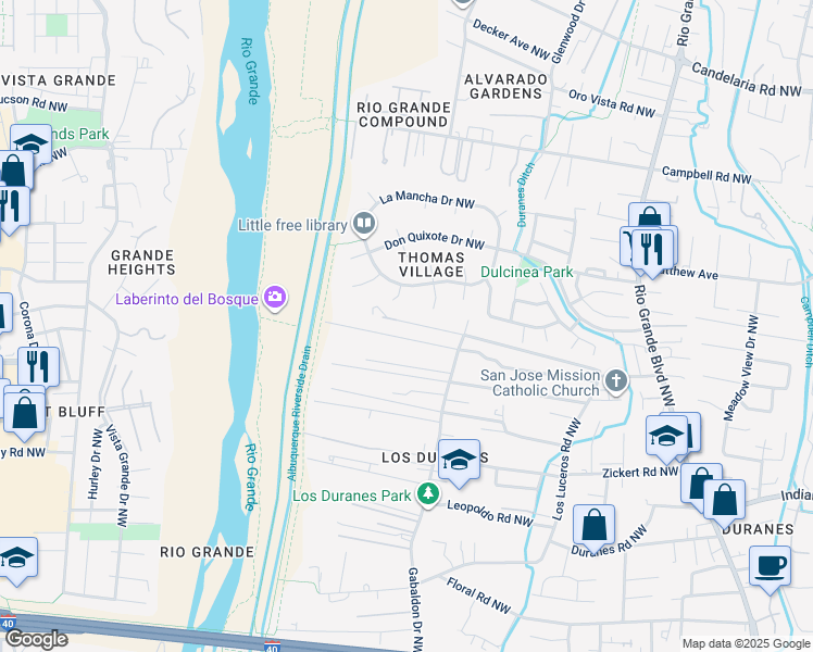 map of restaurants, bars, coffee shops, grocery stores, and more near 3205 Beach Road Northwest in Albuquerque