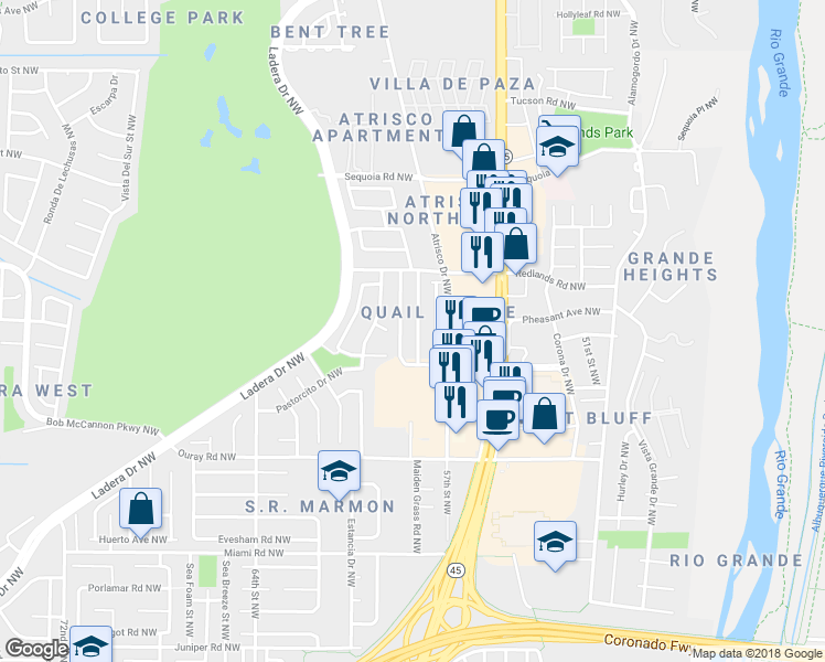 map of restaurants, bars, coffee shops, grocery stores, and more near 2904 Estrella Brillante Street Northwest in Albuquerque