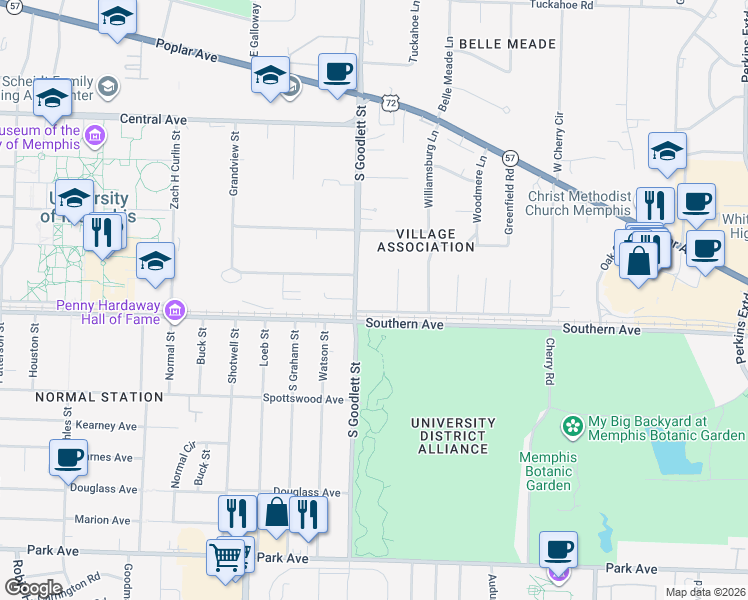 map of restaurants, bars, coffee shops, grocery stores, and more near 4116 Village Road in Memphis
