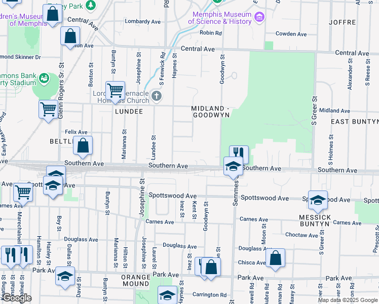 map of restaurants, bars, coffee shops, grocery stores, and more near 2901 Walker Avenue in Memphis