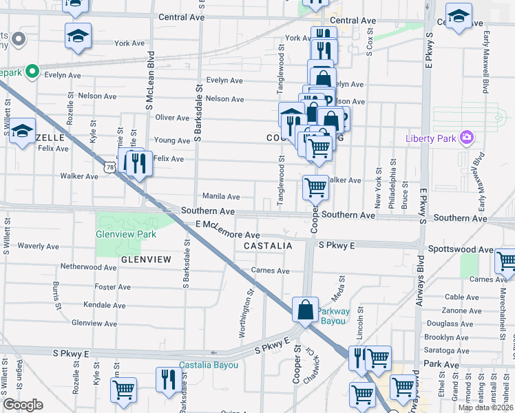 map of restaurants, bars, coffee shops, grocery stores, and more near 2000 Southern Avenue in Memphis