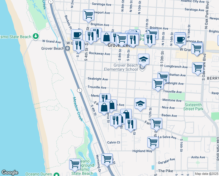 map of restaurants, bars, coffee shops, grocery stores, and more near Trouville Avenue & South 7th Street in Grover Beach