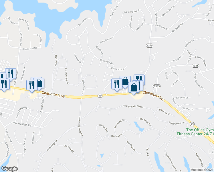 map of restaurants, bars, coffee shops, grocery stores, and more near 728 Altamonte Drive in Lake Wylie