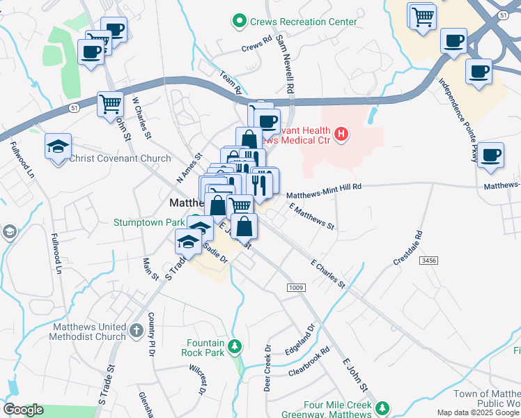 map of restaurants, bars, coffee shops, grocery stores, and more near 130 Matthews Station Street in Matthews