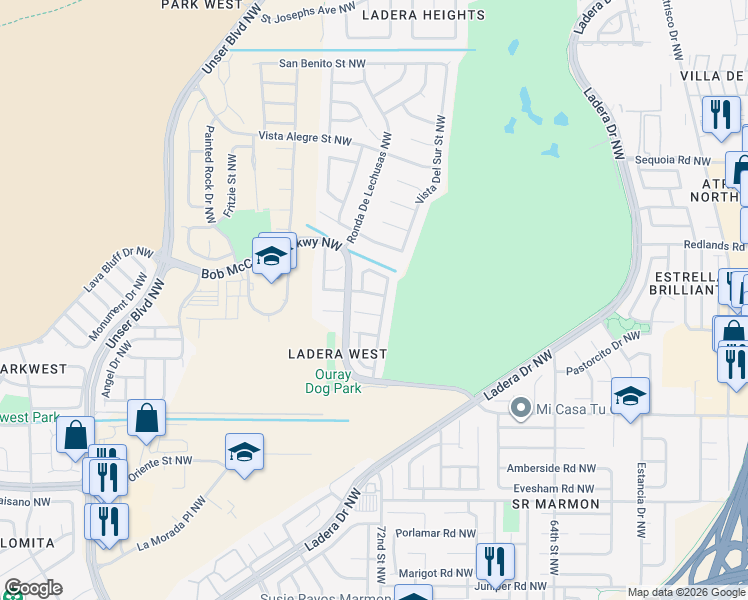 map of restaurants, bars, coffee shops, grocery stores, and more near 7308 Prenda De Plata NW in Albuquerque