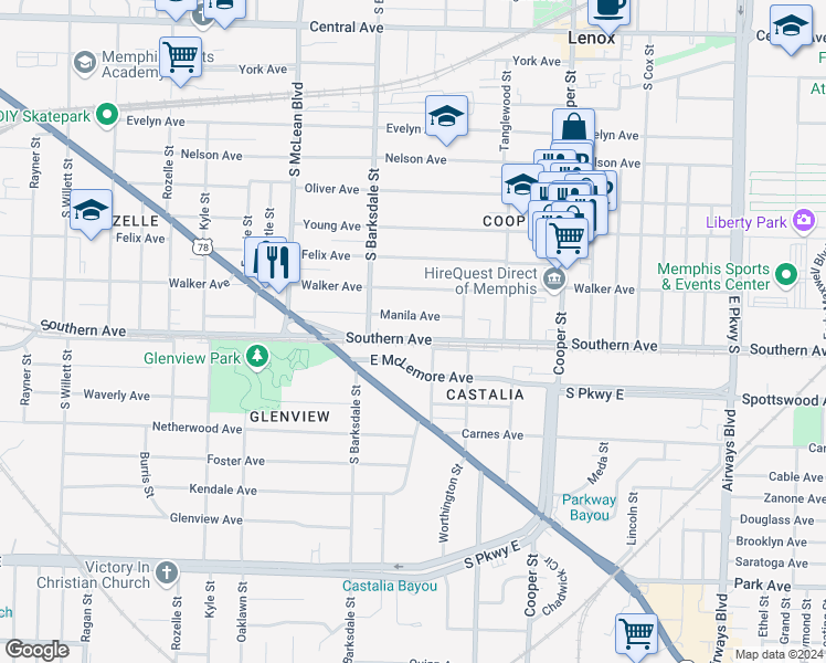 map of restaurants, bars, coffee shops, grocery stores, and more near 1956 Southern Avenue in Memphis
