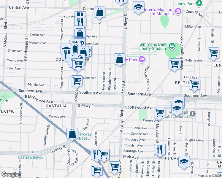 map of restaurants, bars, coffee shops, grocery stores, and more near 1065 Philadelphia Street in Memphis