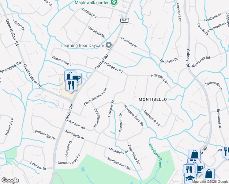 map of restaurants, bars, coffee shops, grocery stores, and more near 3226 Foxridge Road in Charlotte
