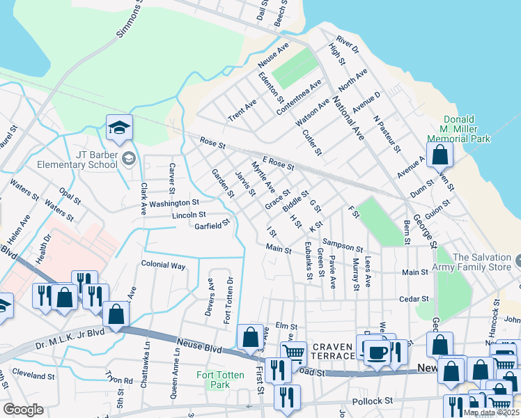 map of restaurants, bars, coffee shops, grocery stores, and more near 1301 Jarvis St in New Bern
