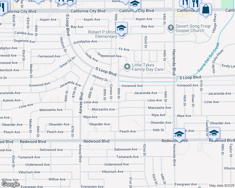 map of restaurants, bars, coffee shops, grocery stores, and more near 20349 90th Street in California City