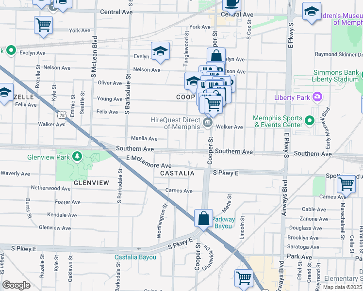 map of restaurants, bars, coffee shops, grocery stores, and more near 2062 Southern Avenue in Memphis