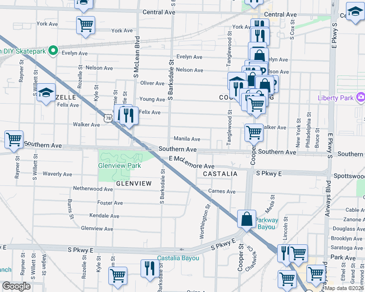 map of restaurants, bars, coffee shops, grocery stores, and more near 1956 Southern Avenue in Memphis