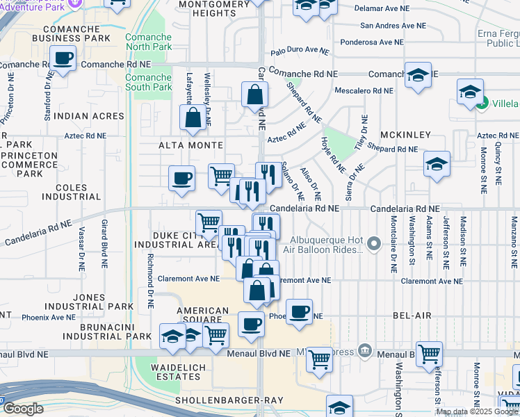 map of restaurants, bars, coffee shops, grocery stores, and more near Candelaria Rd NE & Carlisle Blvd NE in Albuquerque