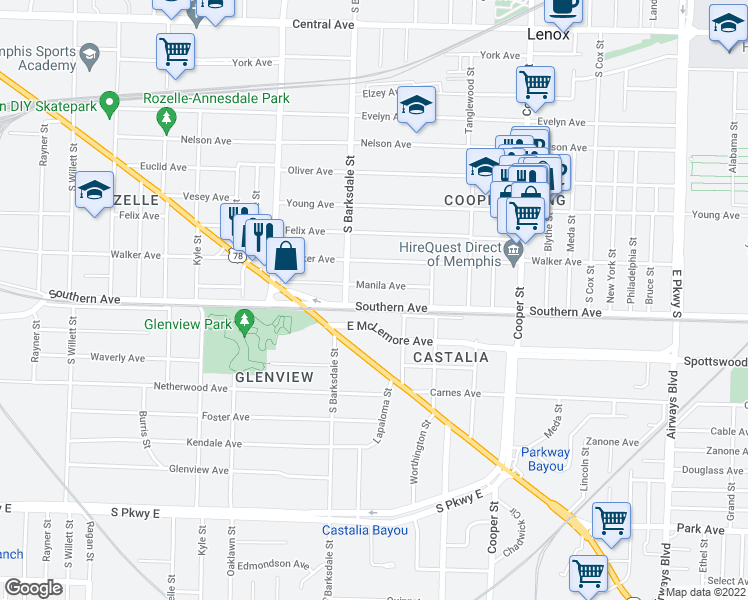 map of restaurants, bars, coffee shops, grocery stores, and more near 1944 Southern Avenue in Memphis