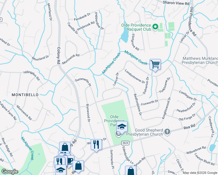 map of restaurants, bars, coffee shops, grocery stores, and more near 6511 Windyrush Road in Charlotte