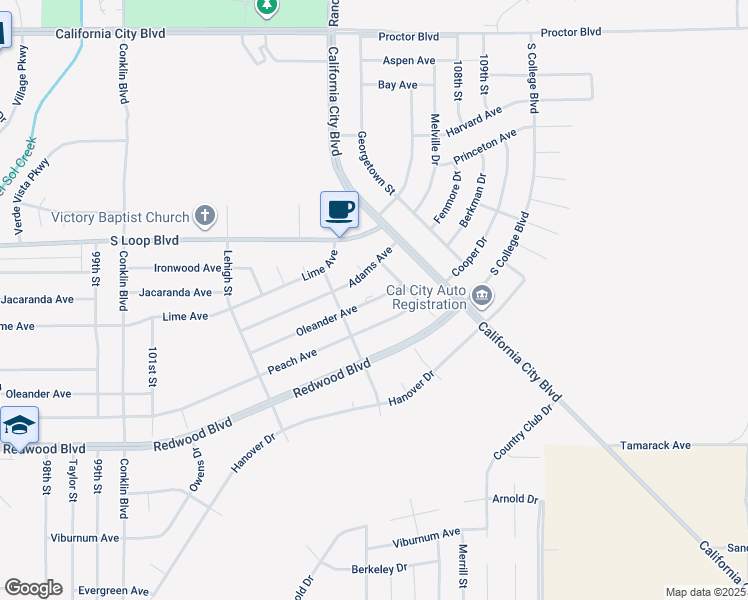 map of restaurants, bars, coffee shops, grocery stores, and more near 10608 Oleander Avenue in California City