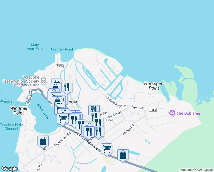 map of restaurants, bars, coffee shops, grocery stores, and more near 40 Styron Lane in Ocracoke