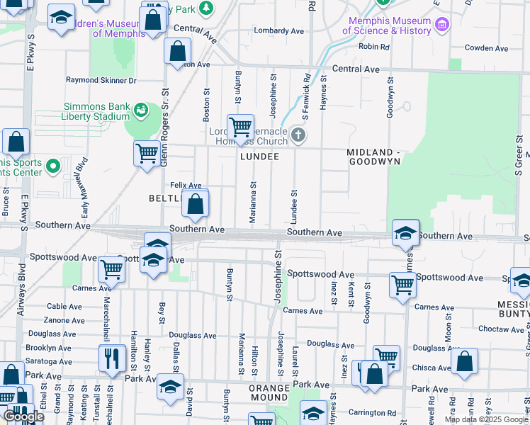 map of restaurants, bars, coffee shops, grocery stores, and more near 569 Josephine Street in Memphis