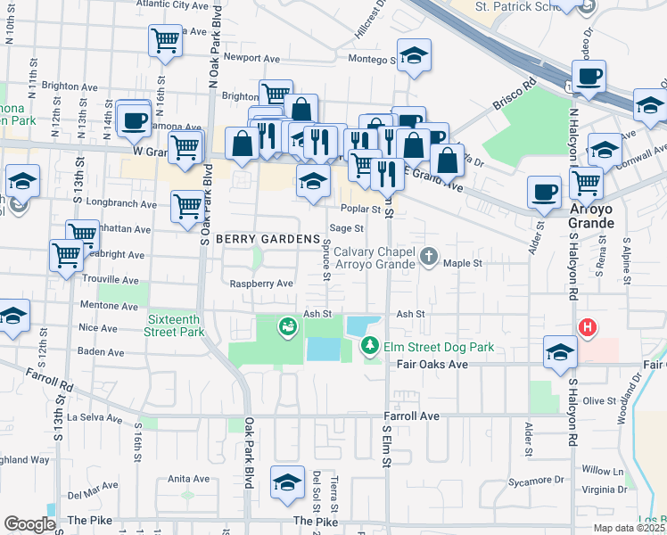map of restaurants, bars, coffee shops, grocery stores, and more near 219 Spruce Street in Arroyo Grande