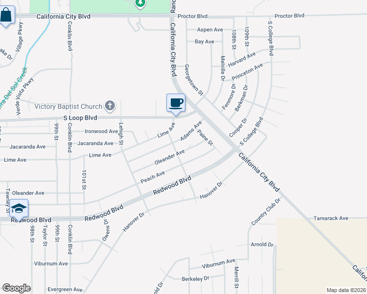 map of restaurants, bars, coffee shops, grocery stores, and more near 10549 Oleander Avenue in California City