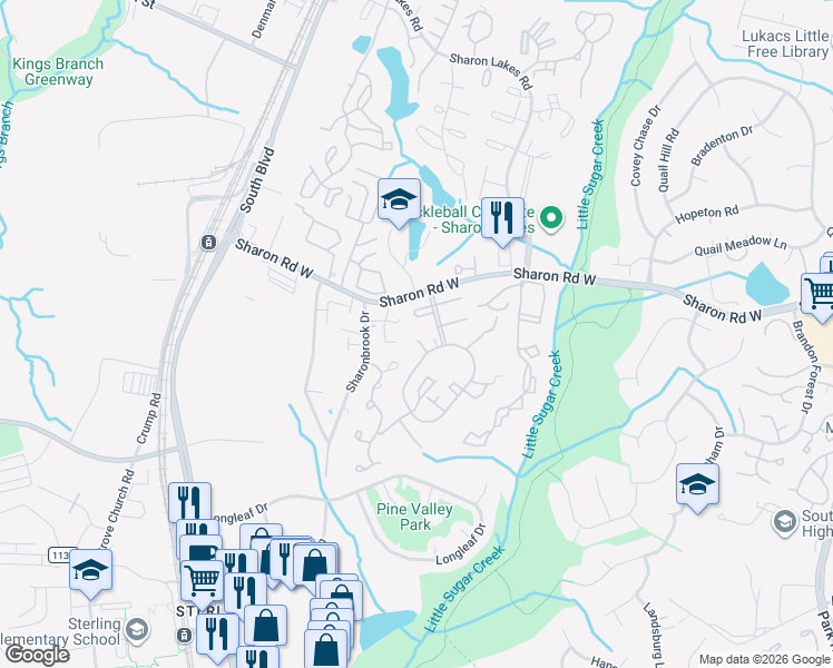 map of restaurants, bars, coffee shops, grocery stores, and more near 8070 Knights Bridge Rd in Charlotte