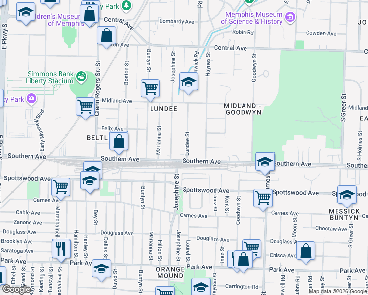 map of restaurants, bars, coffee shops, grocery stores, and more near 565 Lundee Street in Memphis
