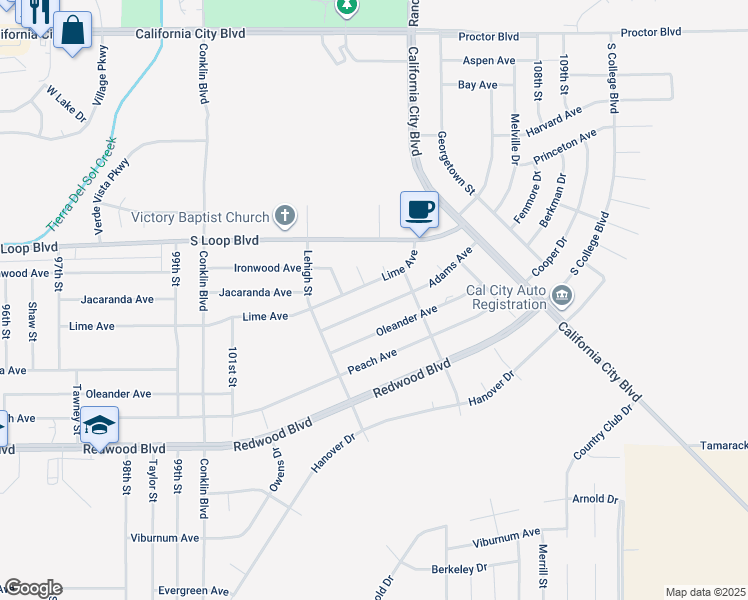map of restaurants, bars, coffee shops, grocery stores, and more near Lehigh Street in California City