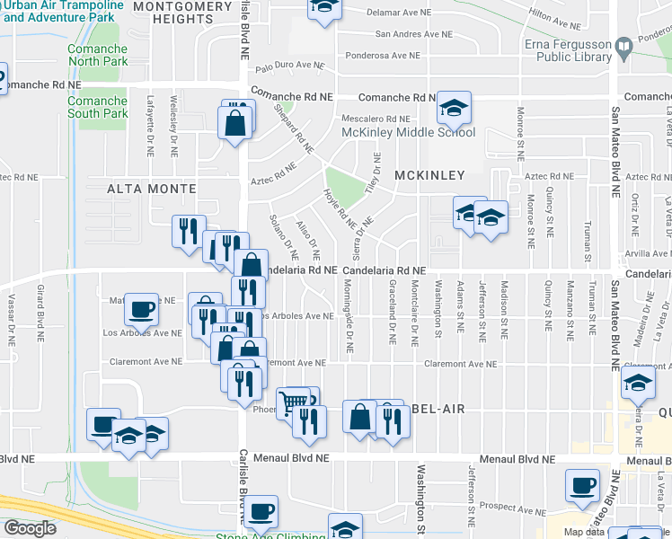 map of restaurants, bars, coffee shops, grocery stores, and more near Candelaria Rd NE & Morningside Dr NE in Albuquerque