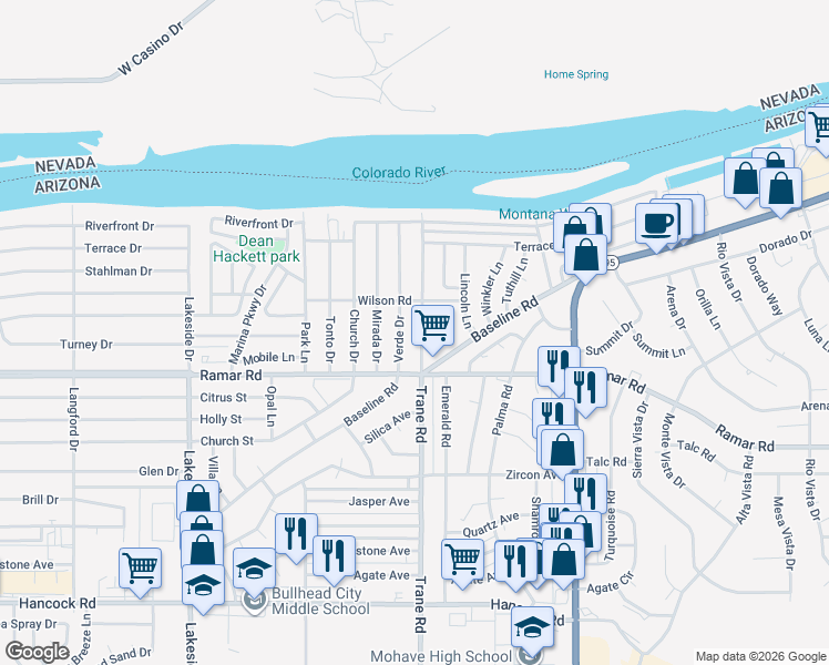 map of restaurants, bars, coffee shops, grocery stores, and more near 1448 Verde Drive in Bullhead City