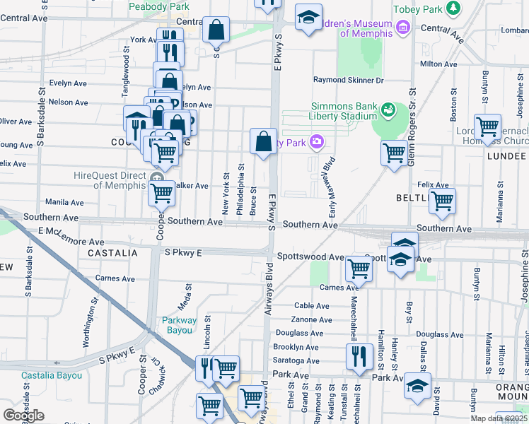 map of restaurants, bars, coffee shops, grocery stores, and more near 1063 East Parkway South in Memphis
