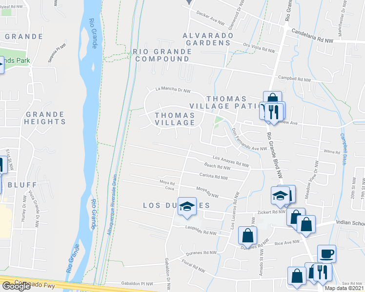 map of restaurants, bars, coffee shops, grocery stores, and more near 3111 Los Anayas Road Northwest in Albuquerque