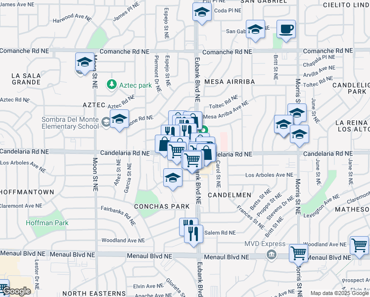 map of restaurants, bars, coffee shops, grocery stores, and more near 9515 Candelaria Road Northeast in Albuquerque